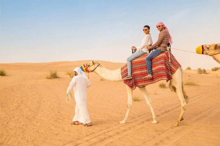 Experience the magic of the desert as you ride camels through golden dunes embracing the rich traditions of Arabic culture and vibrant local customs in a mesmerizing evening under the stars.